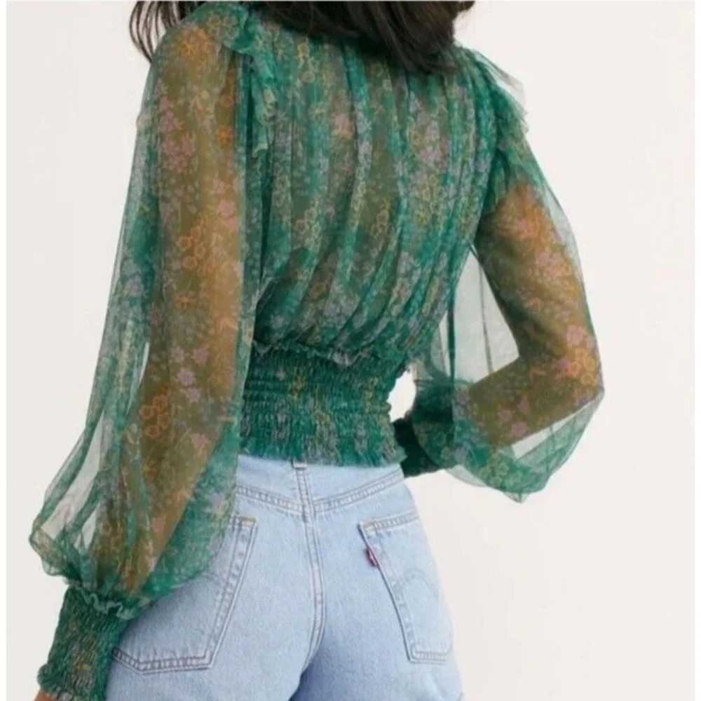 Free People Twyla Floral Sheer Blouse Women XS Ruffled Smocked Green Cottagecore